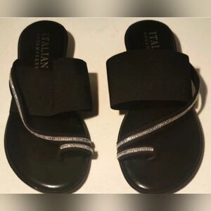 Italian Shoemakers Womens 8 Black Leather & Elastic Rhinestones Sandals New